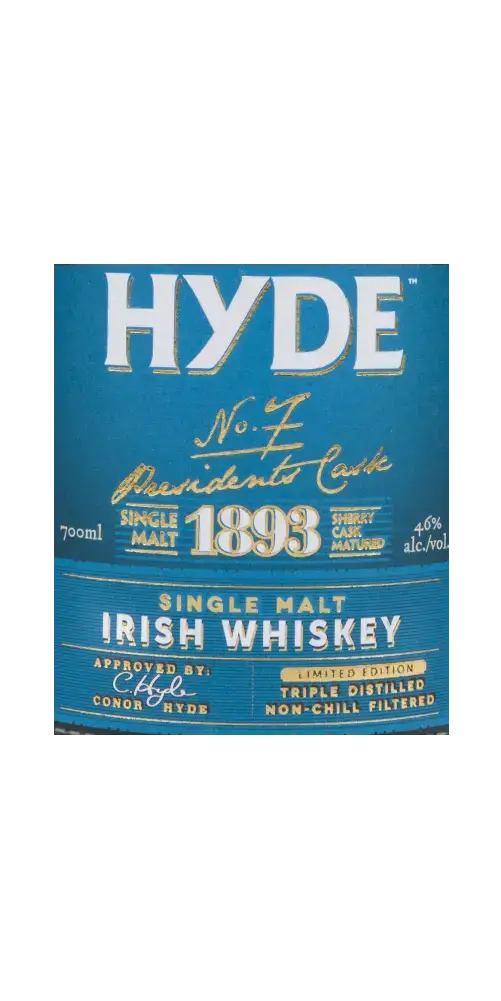 Irischer Whiskey Hyde No. 7 Präsidenten Cask 1893, Single Malt, 700ml, dreifach destilliert, nicht kühlgefiltert.