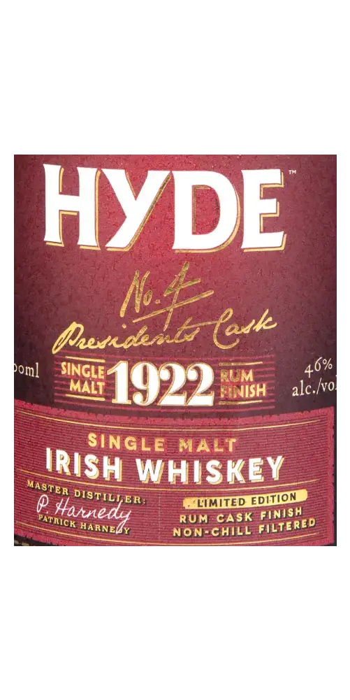 Irischer Whiskey Hyde No. 4 Presidents Cask, 1922, Single Malt mit Rum-Finish, 46% vol., limitierte Edition.