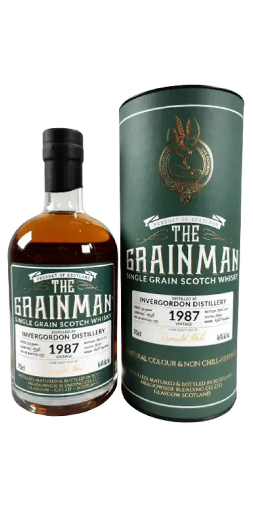Irischer Whiskey Invergordon 1987, The Grainman, Einzelfass, intensive Fassnote, Box, Meadowside Blending.