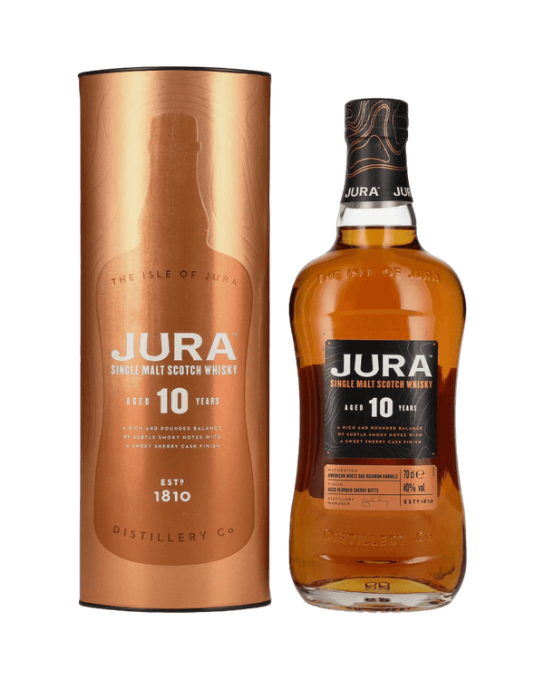 Schottischer Whisky Jura 10 Jahre in typischer Flasche mit Ex-Bourbon und Oloroso-Finish, fruchtiger Geschmack.