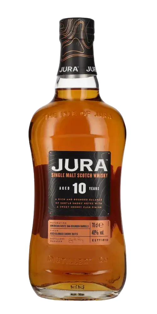 Schottischer Whisky Jura 10 Jahre, Single Malt in unverkennbarer Flasche mit Aromen von Orange und Vanillecreme.