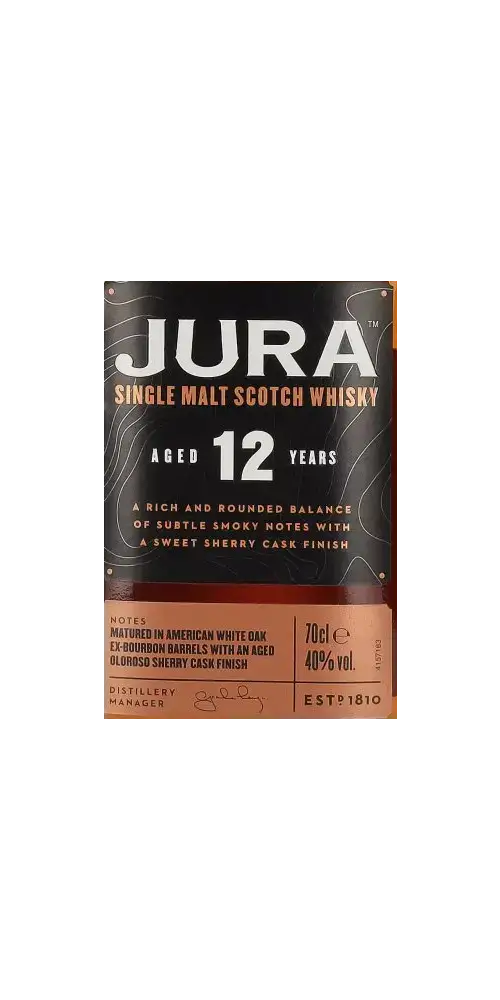 Schottischer Whisky Jura 12 Jahre Single Malt, gereift in Sherryfässern, komplexe Aromen von Schokolade und Banane