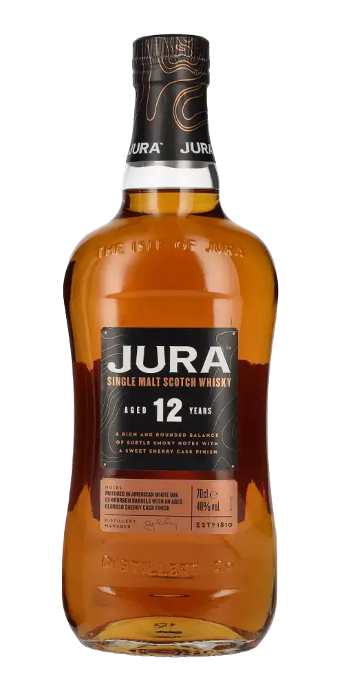 Schottischer Whisky Jura 12 Jahre Single Malt, gereift in Ex-Bourbon und Oloroso-Sherry Fässern, 700ml.