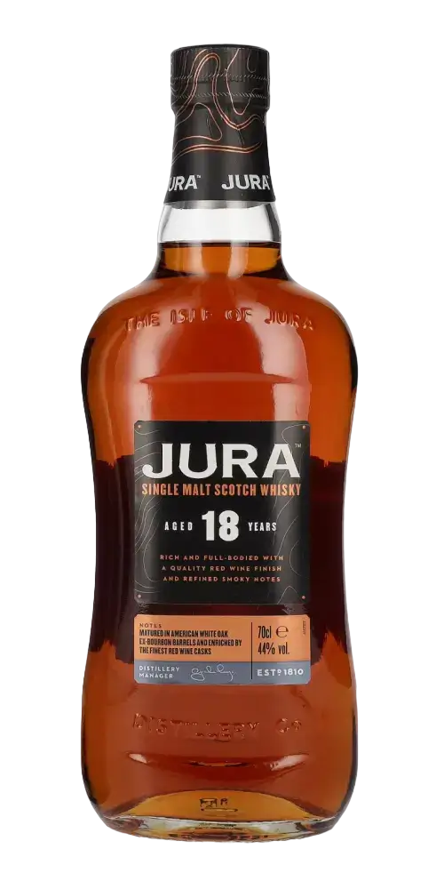 Schottischer Whisky Jura 18 Jahre, Single Malt, 700ml, reif in Ex-Bourbon und Bordeaux-Fässern, fruchtige Aromen.