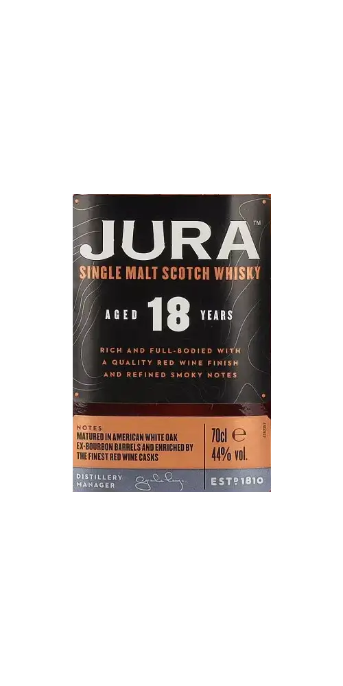 Schottischer Whisky Jura 18 Jahre, edler Single Malt mit Rotwein-Finish, fruchtige Aromen und milder Nachklang.