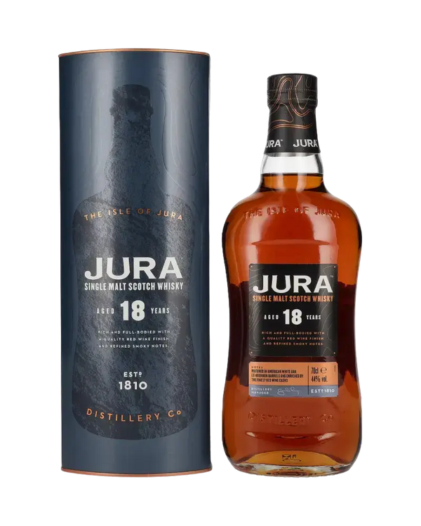 Schottischer Whisky Jura 18 Jahre, Single Malt in elegantem Tube, fruchtige Aromen von Beeren und Karamell.
