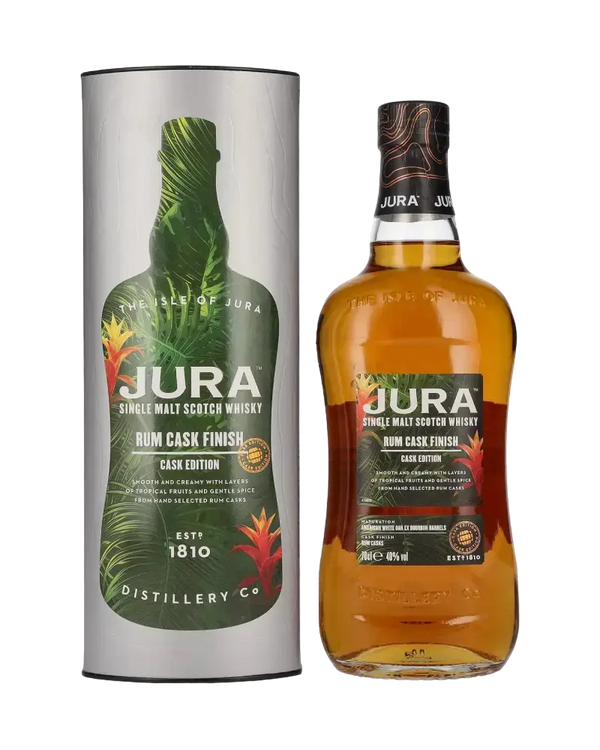 Schottischer Whisky Jura Rum Cask Finish, Single Malt mit tropischen Fruchtaromen, 700ml, in dekorativer Verpackung.