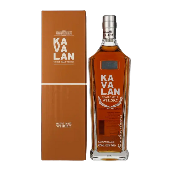 Taiwanesischer Whisky Kavalan Classic Single Malt in eleganter Flasche mit Geschenkbox, fruchtig und würziger Charakter.