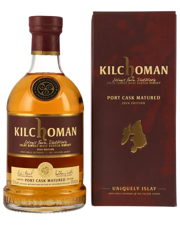 Kilchoman Port Cask Matured, Islay Single Malt Whisky, 2024 Edition, in Portweinfass gereift mit fruchtigen und torfigen Aromen.