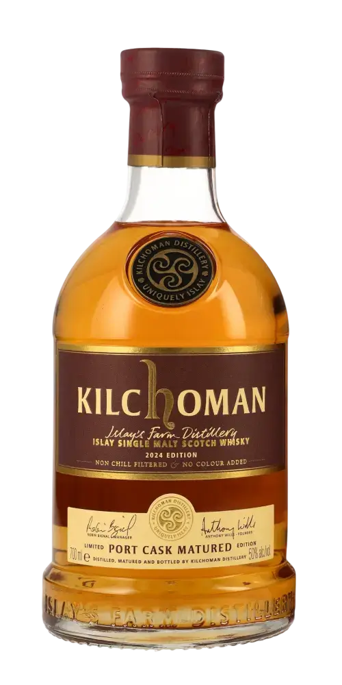 Kilchoman Port Cask Matured 2024 Edition, Islay Single Malt Whisky, in Portweinfässern gereift mit torfig-fruchtiger Note.