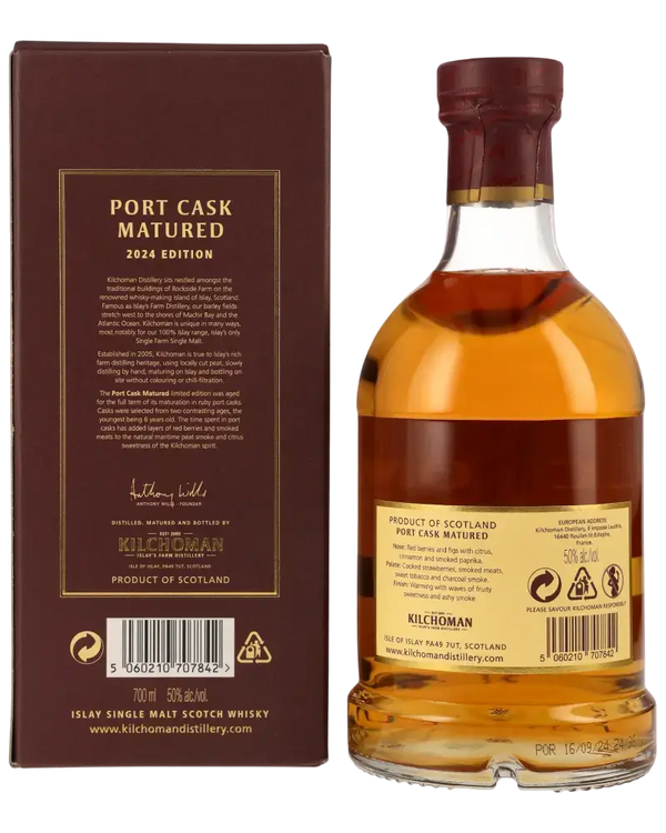 Kilchoman Port Cask Matured 2024 Edition, Islay Single Malt, reifte in Portweinfässern mit fruchtiger Note.