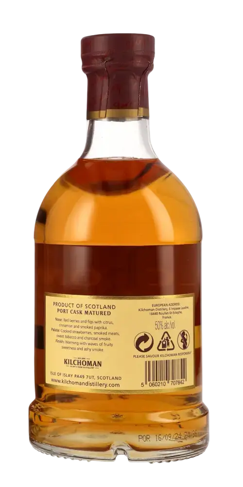 Kilchoman Port Cask Matured, Islay Single Malt, in Portweinfässern gereift mit fruchtigen und torfigen Aromen.