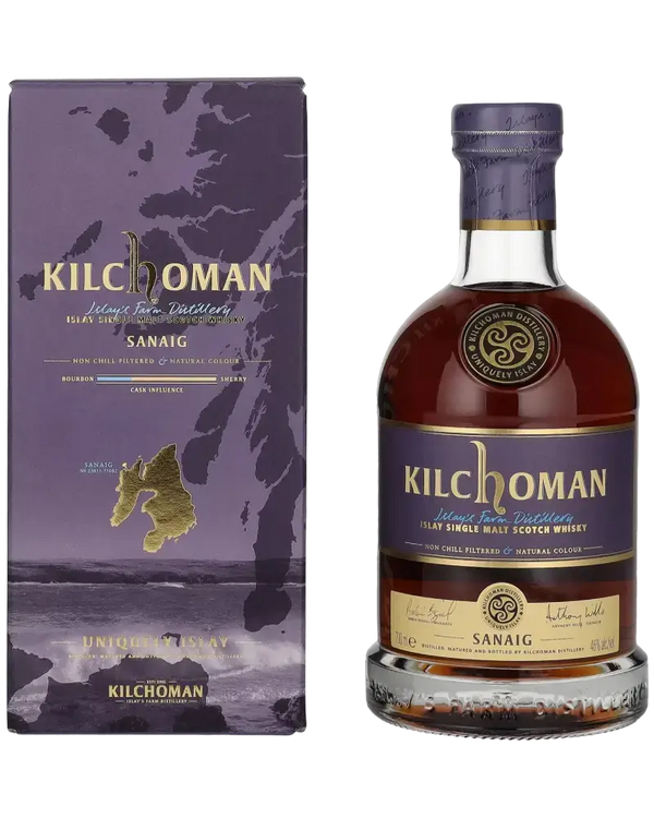 Schottischer Whisky Kilchoman Sanaig, Islay Single Malt mit Torfrauch und Fruchtaromen, in dekorativer Verpackung.