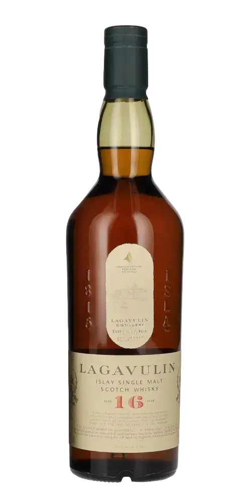 Schottischer Whisky Lagavulin 16 Jahre Islay Single Malt mit rauchigem Aroma in eleganter Flasche.