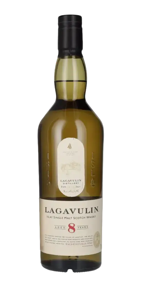 Schottischer Whisky Lagavulin 8 Jahre, Islay Single Malt, 200. Jahr der Destillerie, trockener Tee-Rauch.