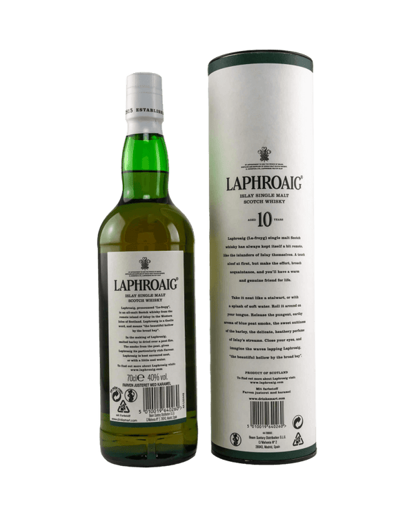 Schottischer Whisky Laphroaig 10 Jahre, Single Malt, Islay, torfiger Geschmack, in Tube verpackt.