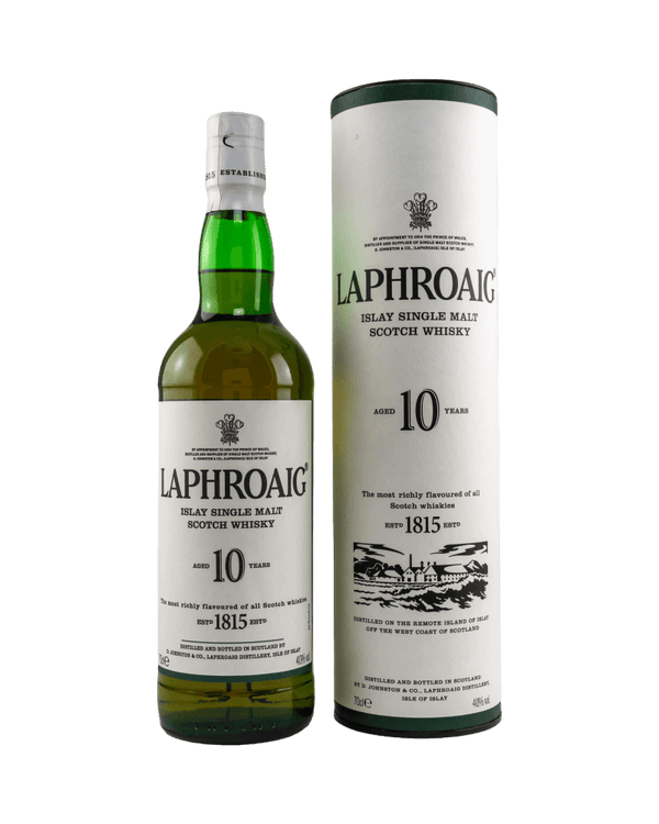 Schottischer Whisky Laphroaig 10 Jahre Islay Single Malt in Tube, kräftiger rauchiger Geschmack mit Seetang
