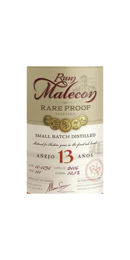 Rum Malecon Rare Proof 13 Jahre, Panama, 50,5% Alkohol, kleine Charge, komplexes Aroma, hochwertige Spirituose.