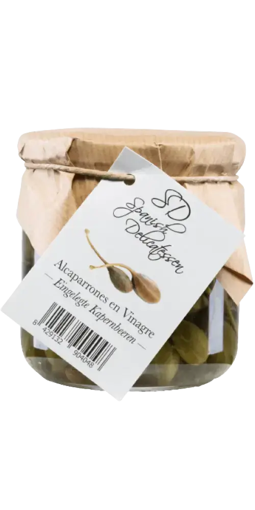 Feinkost Alcaparrones en Vinagre, eingelegte Kapern in Essig, 180g, würzig-pikant, ideal für Tapas und Saucen.