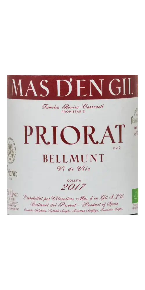 Mas d'en Gill Bellmunt Tinto, körperreicher Rotwein aus dem Priorat, Jahrgang 2017 mit Aromen reifer Früchte.