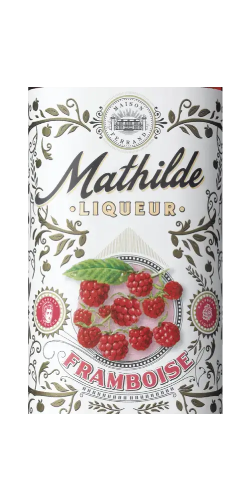 Obstbrand Mathilde Liqueur Framboise aus Frankreich, mit Himbeeren in intensiver Farbe und Geschmack.