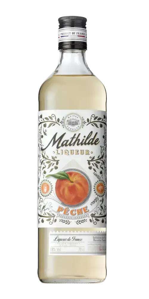 Obstbrand Mathilde Liqueur PÊCHE aus Frankreich, intensiver Pfirsichgeschmack in eleganter Flasche.
