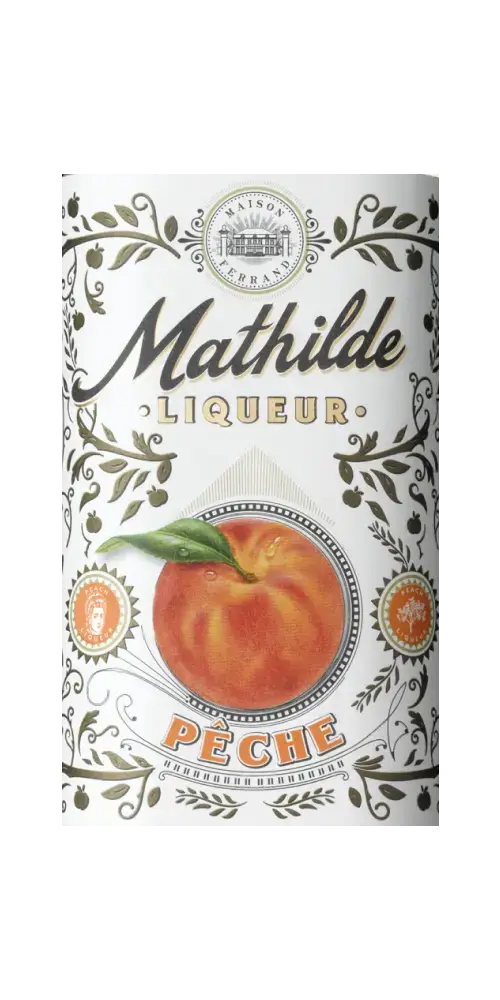 Obstbrand Mathilde Liqueur PÊCHE aus Frankreich mit Weinbergpfirsichgeschmack und floralen Verzierungen.