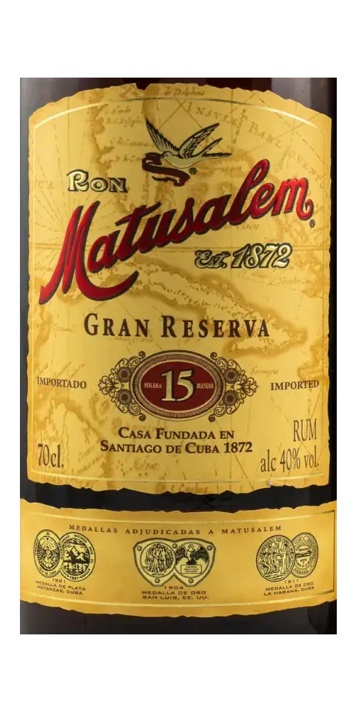 Matusalem Gran Reserva Rum 15 Jahre in 70cl Flasche, hergestellt in Kuba, mit Vanille und Karamellnoten.