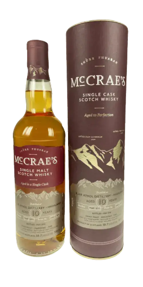 Schottischer Whisky McCrae's Blair Athol 10 Jahre, Single Malt in Tube mit Aromen von Nüssen und fruchtigen Noten.