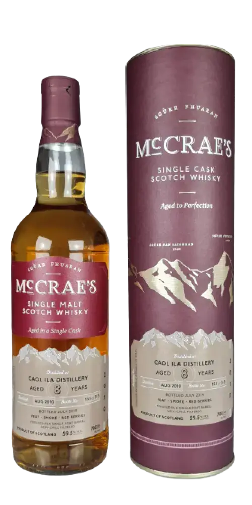 Schottischer Whisky McCrae's Caol Ila 8 Jahre in Tube, torfige Aromen mit Honigsüße, limitierte Auflage.