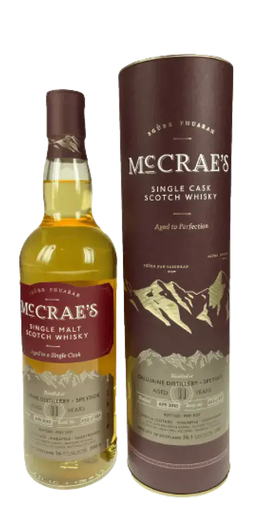 Schottischer Whisky McCrae's Dailuaine, 11 Jahre, Single Malt mit Aromen von Kirschbonbon und Banane, im Tube.