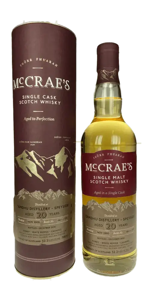 Schottischer Whisky McCrae’s Tamdhu 20 Jahre, Single Malt aus Speyside, reif in Refill Hogshead, elegant und komplex.