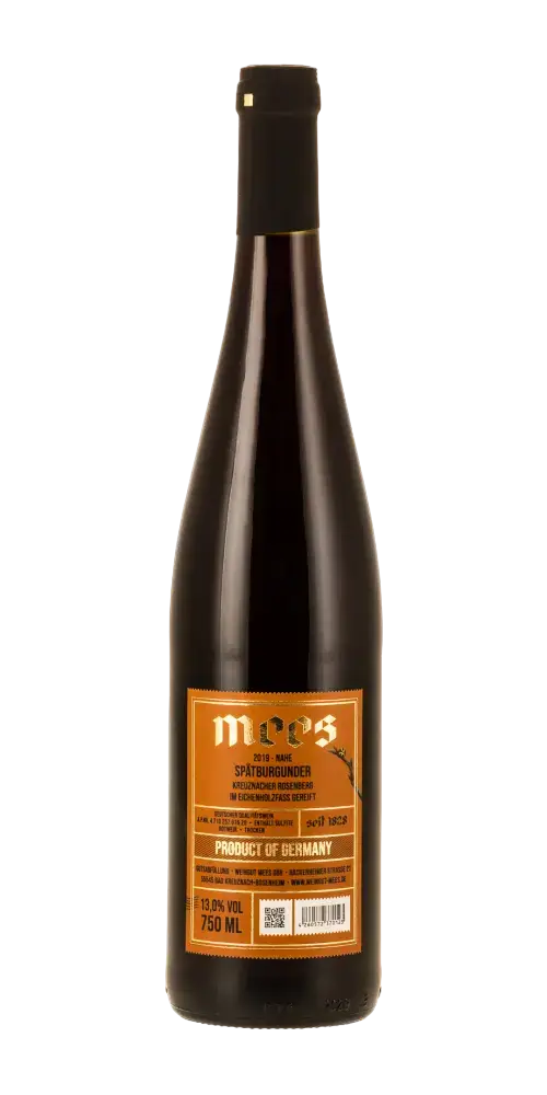 Mees Spätburgunder, deutscher Rotwein mit Aromen von Holunder und 13 % Vol. aus Kreuznacher Rosenberg.