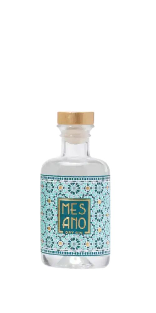 Dry Gin 100ml von Mesano, Stuttgart, mit Botanicals wie Minze und Zitronengras, detailreiches Design.