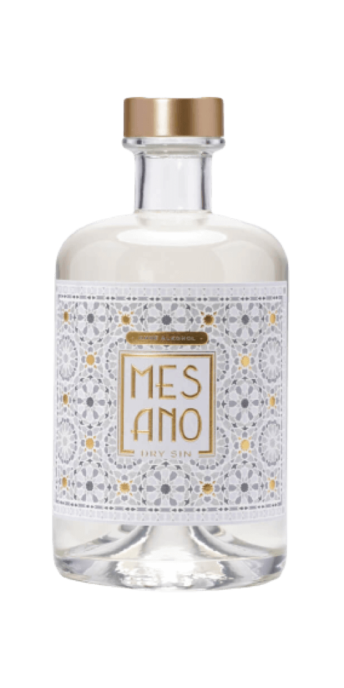Gin Mesano Dry Sin 500ml alkoholfrei aus Stuttgart, mit Wacholder und Blutorangen, in einzigartiger Flasche.