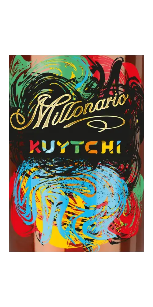 MILLONARIO KUYTCHI Spirituosenflasche mit buntem Etikett, inspiriert von peruanischer Kultur und Aromen.