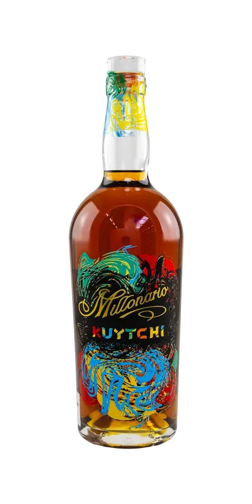 MILLONARIO KUYTCHI Spirituosenflasche mit buntem Etikett, inspiriert von den Abenteuern Perus.