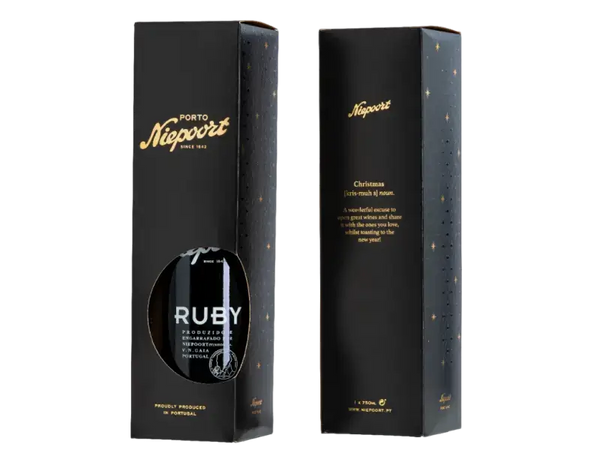 Niepoort Ruby Weihnachtsedition, fruchtiger Portwein aus Portugal, dunkelrot mit Aromen dunkler Früchte.