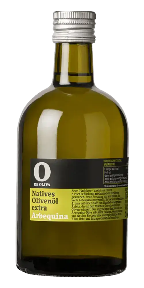 Olivenöl nativ extra Arbequina 500ml aus Spanien, kaltgepresst, fruchtige Note von grünen Äpfeln, von O de Oliva.