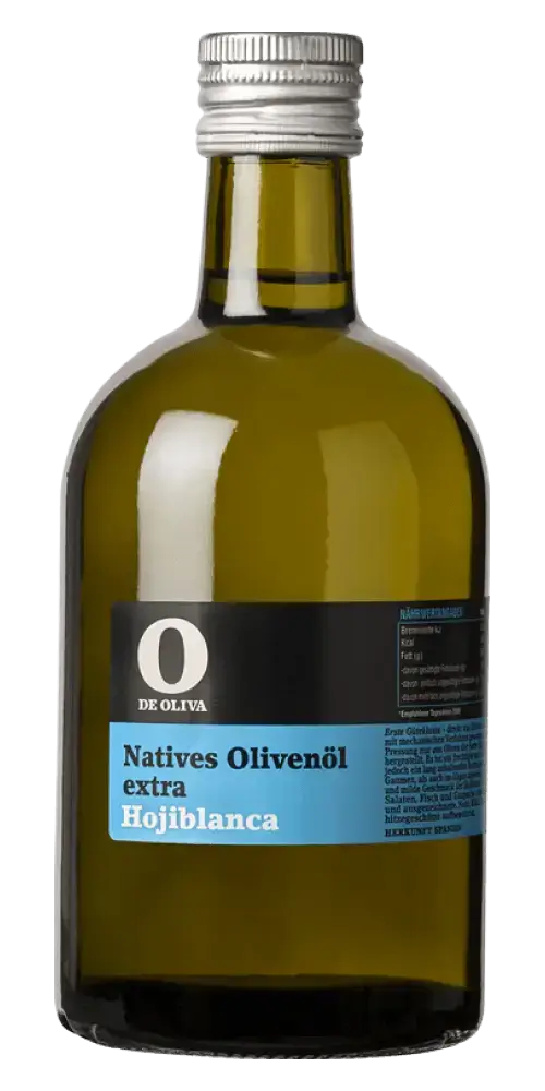 Olivenöl nativ extra Hojiblanca 500ml aus Spanien, kaltgepresst, von O de Oliva in hochwertiger Glasflasche.