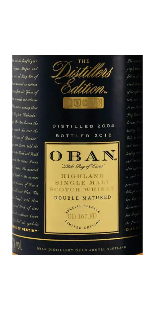 Schottischer Whisky Oban Distillers Edition in Tube, Highland Single Malt, doppelt gereift, limitierte Abfüllung 2004.