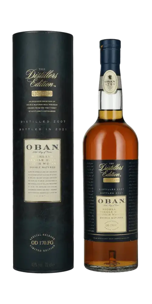 Schottischer Whisky Oban Distillers Edition in Tube, Aromen von Rauch, Schokolade und Nüssen, 700ml Flasche.