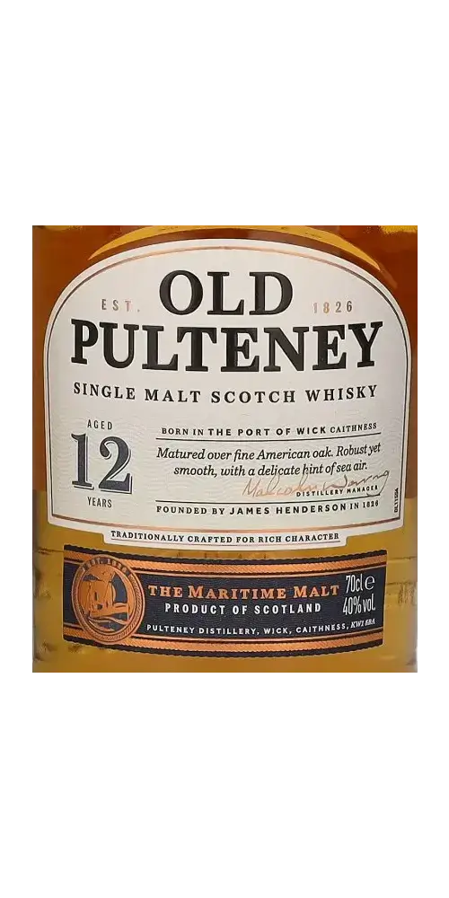 Schottischer Whisky Old Pulteney, 12 Jahre, aus Wick, reift in Ex-Bourbon-Fässern, maritimer Charakter.