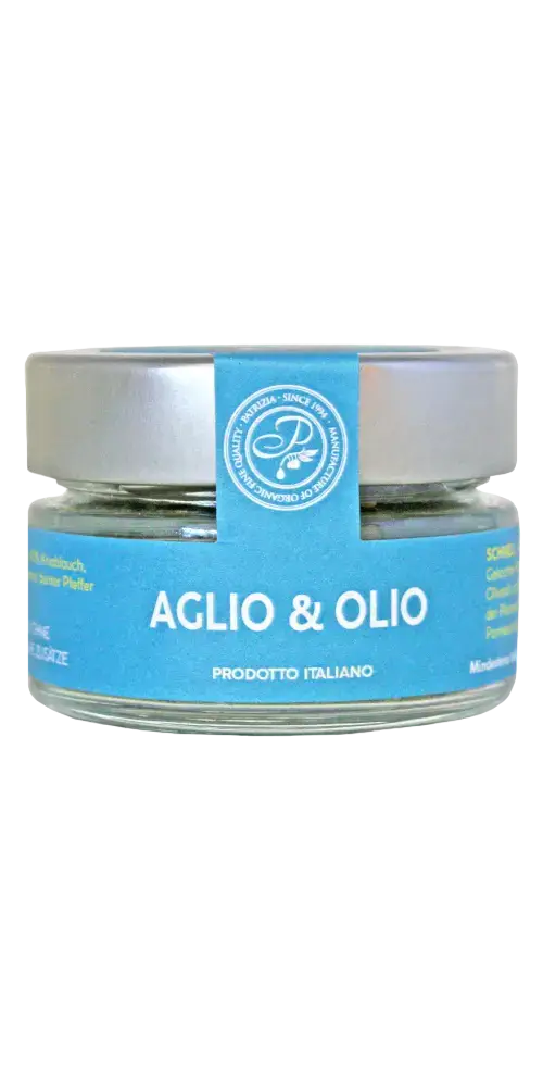 Patrizia Feinkost Gewürz Aglio & Olio im Glas, italienische Feinkost für Spaghetti und Dips, aromatisch und geschmacksintensiv.