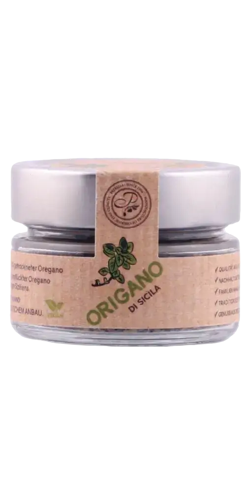 Patrizia Feinkost wilder Oregano aus Sizilien im Glas, aromatische Gewürzfeinkost für vielseitige Gerichte.