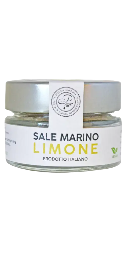 Patrizia Feinkost - Sale Marino Limone, italienisches Meersalz mit Zitronenschalen, ideal für Fischgerichte und Salate.