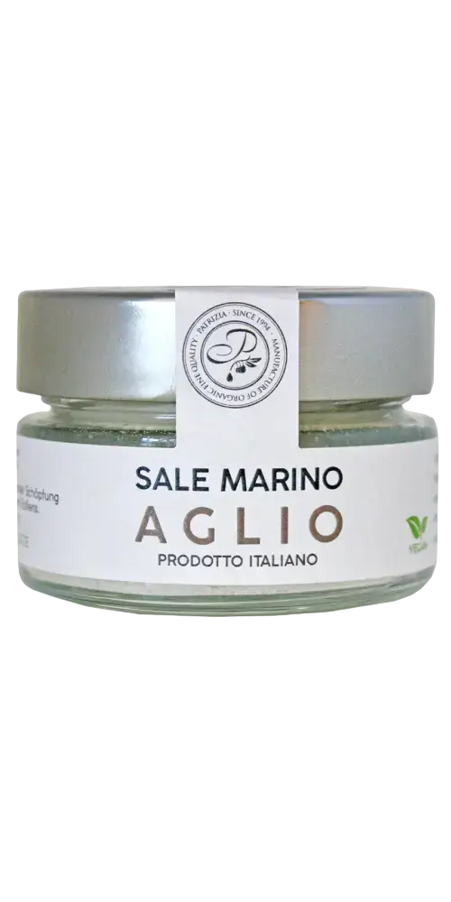 Patrizia Feinkost Sale Marino Aglio im Glas, italienisches Knoblauchsalz für Fisch- und Fleischgerichte.