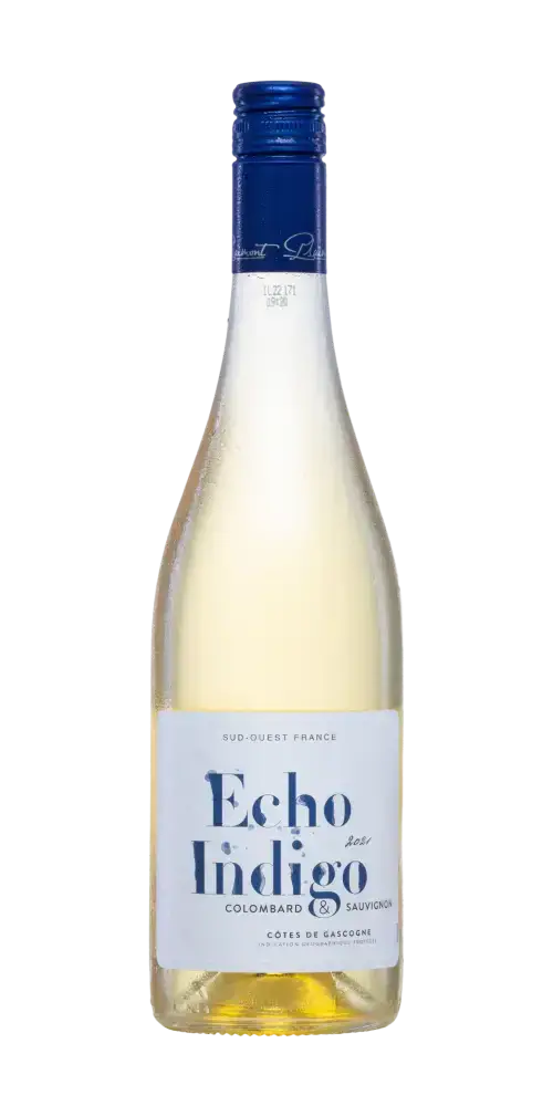 Echo Indigo Blanc I.G.P. Gascogne, frischer Weißwein aus Sauvignon Blanc und Colombard mit Aromen von Zitrone und Passionsfrucht.