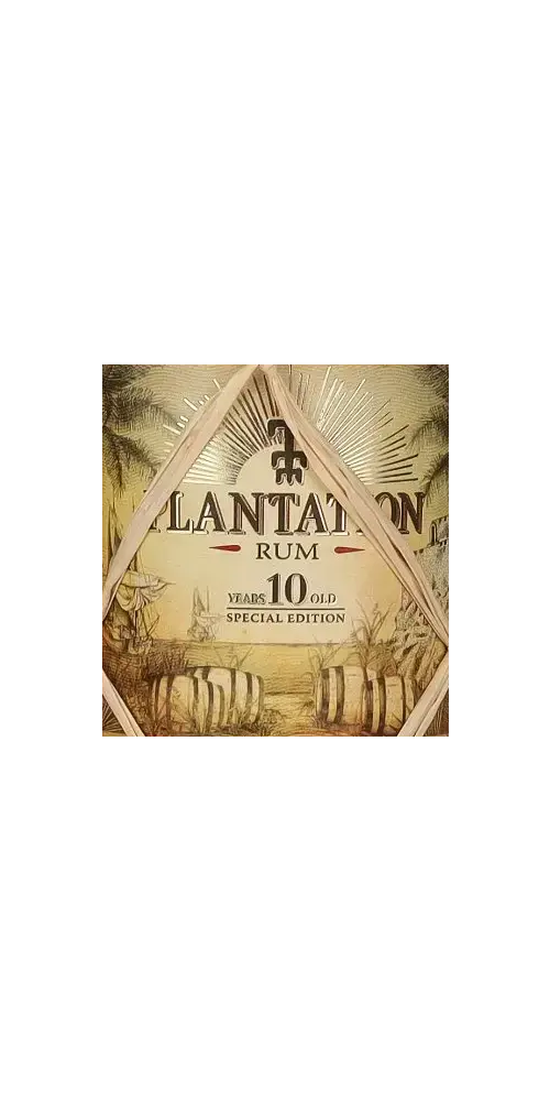 Plantation Rum Jamaica 10 Years, Special Edition, Flasche mit kunstvollem Etikett und tropischem Hintergrund.
