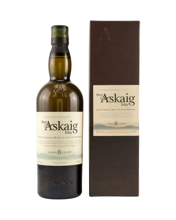 Schottischer Whisky Port Askaig 8 Jahre, Islay Single Malt in Verpackung, rauchig und süß-torfig.